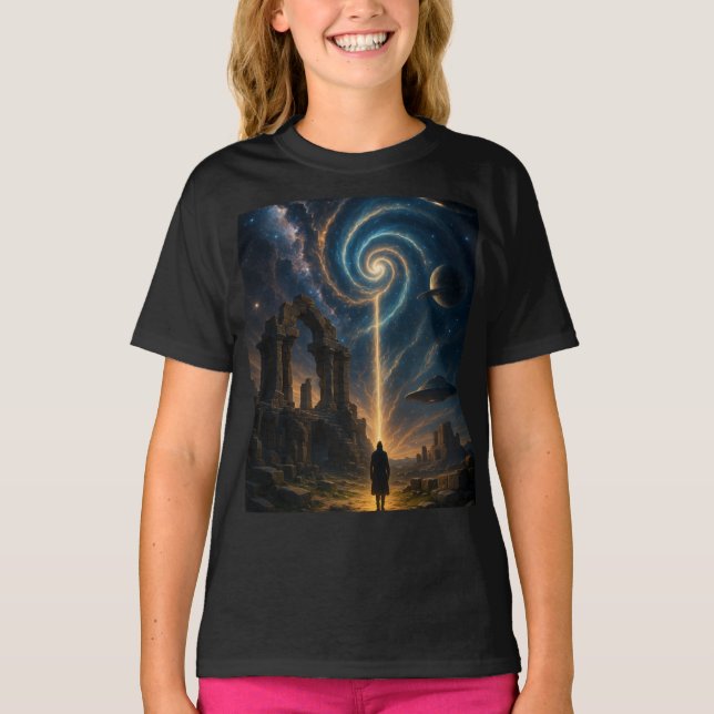 "Cosmic Portal Adventure – Girls' Black Graphic  T-Shirt (Front)