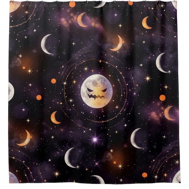Cosmic Pumpkin Moon Bokeh - Spooky Celestial Shower Curtain (Front)