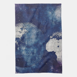 Cosmic Purple Antique Celestial World Map Tea Towel