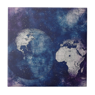 Cosmic Purple Antique Celestial World Map Tile