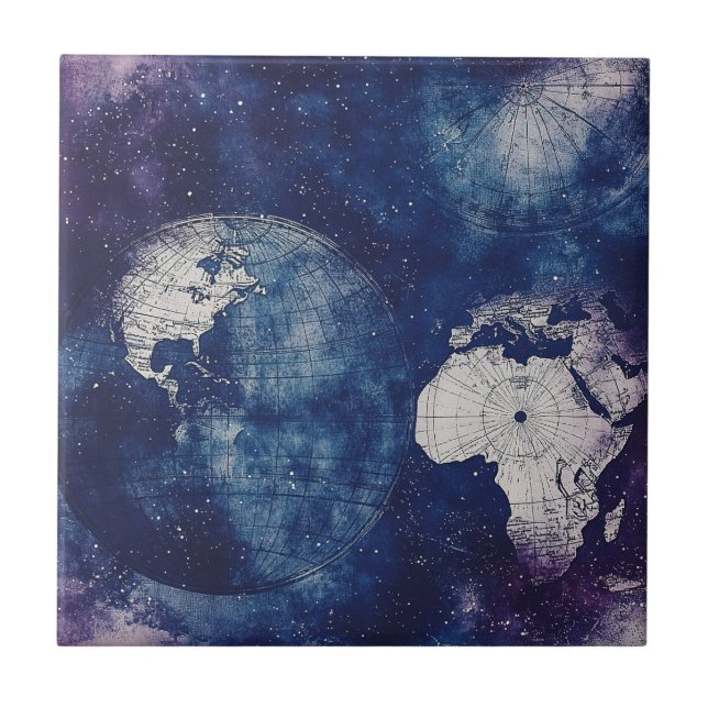 Cosmic Purple Antique Celestial World Map Tile (Front)