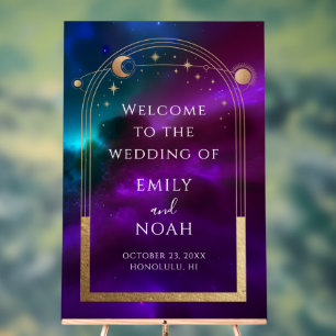 Cosmic Purple Gold Sun Moon Stars Welcome Sign