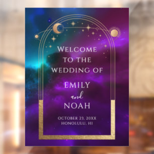Cosmic Purple Gold Sun Moon Stars Welcome Sign