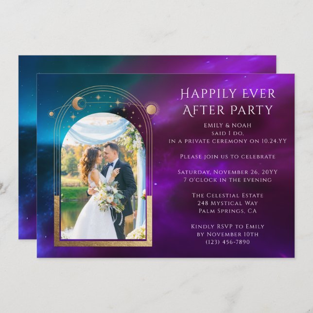 Cosmic Purple Happily Ever After Wedding Reception Invitation (Front/Back)