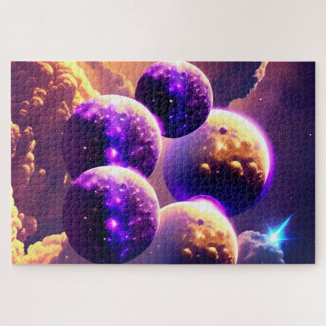 Cosmic Purple Many Moons in the Cloudy Universe Jigsaw Puzzle (Horizontal)