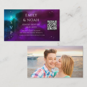 Cosmic Purple Teal Budget QR Code RSVP Photo Enclosure Card