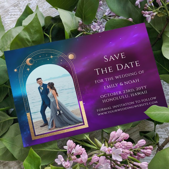 Cosmic Purple Teal Gold Sun Moon Astronomy Space Save The Date (Creator Uploaded)