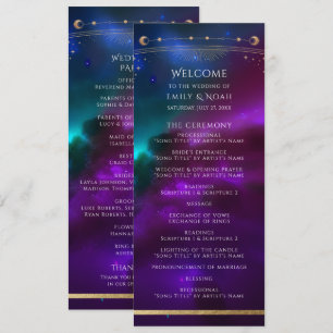 Cosmic Purple Teal Gold Sun Moon Astronomy Wedding Programme