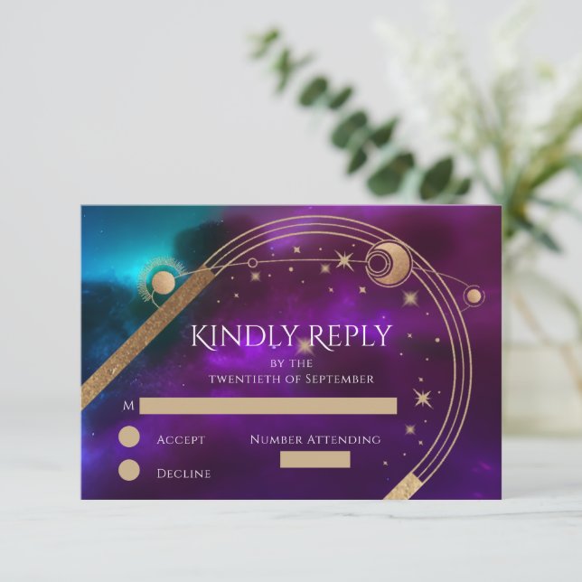 Cosmic Purple Teal Gold Sun Moon Astronomy Wedding RSVP Card (Standing Front)