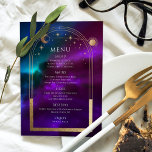 Cosmic Purple Teal Gold Sun Moon Stars Wedding Menu<br><div class="desc">Cosmic Purple Teal Gold Sun Moon Stars Space Wedding Menu Cards features a gold sun, moon and stars frame on a colourful mystical purple, teal and blue cosmic background with your menu details in the centre in modern gold calligraphy script. Personalise by editing the text in the text boxes provided....</div>