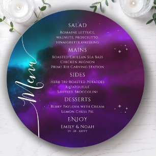 Cosmic Purple Teal Gold Sun Moon Stars Wedding Menu