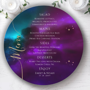 Cosmic Purple Teal Gold Sun Moon Stars Wedding Menu