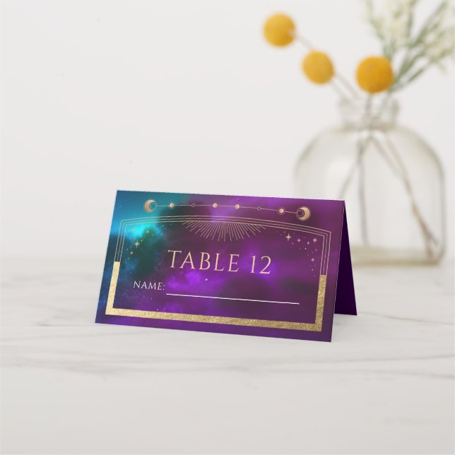 Cosmic Purple Teal Gold Sun Moon Stars Wedding Place Card (Front)