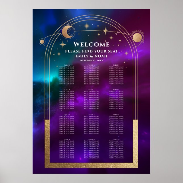 Cosmic Purple Teal Gold Sun Moon Stars Wedding Poster (Front)