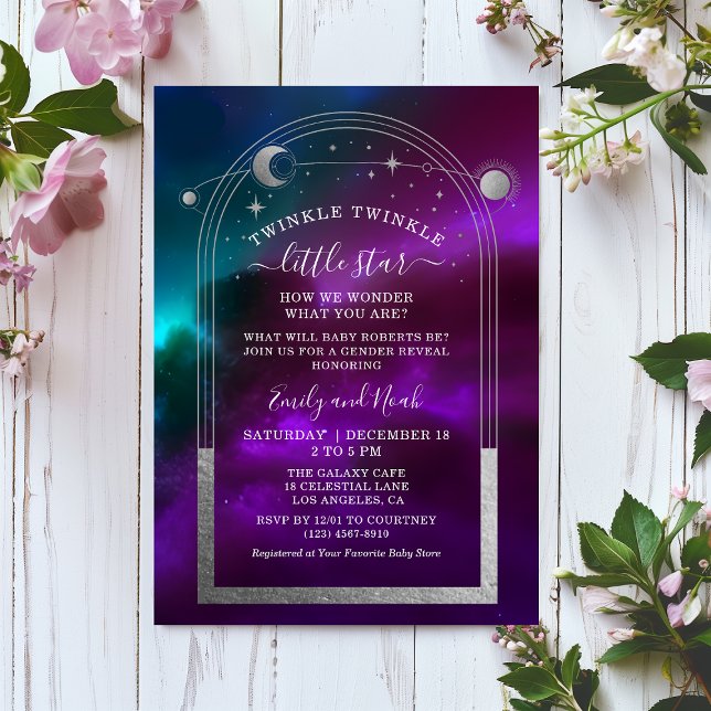Cosmic Purple Teal Silver Celestial Baby Shower Invitation (Creator Uploaded)