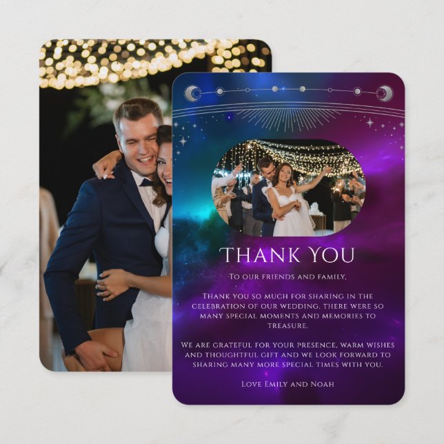 Cosmic Purple Teal Silver Photo Mystical Wedding Thank You Card (Front/Back)