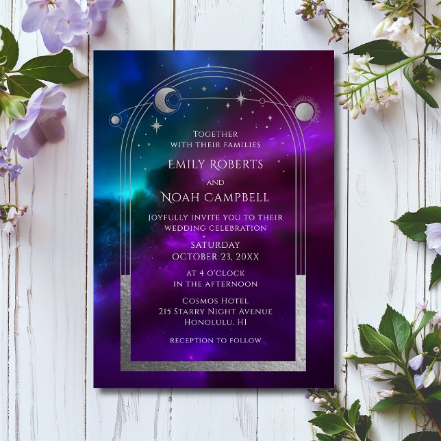 Cosmic Purple Teal Silver Sun Moon Astronomy Space Invitation (Creator Uploaded)