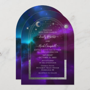 Cosmic Purple Teal Silver Sun Moon Astronomy Space Invitation