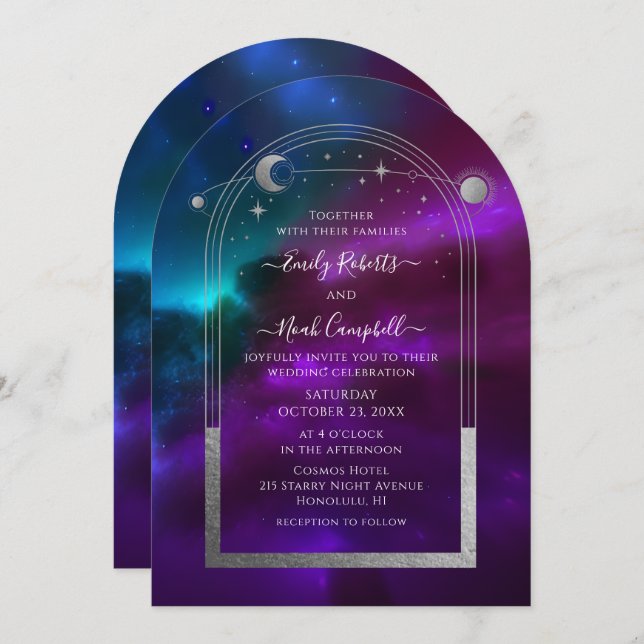 Cosmic Purple Teal Silver Sun Moon Astronomy Space Invitation (Front/Back)