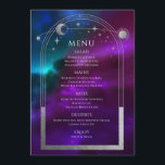 Cosmic Purple Teal Silver Sun Moon Stars Wedding Menu<br><div class="desc">Cosmic Purple Teal Silver Sun Moon Stars Space Wedding Menu Cards features a silver sun, moon and stars frame on a colourful mystical purple, teal and blue cosmic background with your menu details in the centre in modern silver calligraphy script. Personalise by editing the text in the text boxes provided....</div>