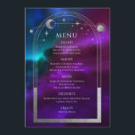 Cosmic Purple Teal Silver Sun Moon Stars Wedding Menu<br><div class="desc">Cosmic Purple Teal Silver Sun Moon Stars Space Wedding Menu Cards features a silver sun, moon and stars frame on a colourful mystical purple, teal and blue cosmic background with your menu details in the centre in modern silver calligraphy script. Personalise by editing the text in the text boxes provided....</div>