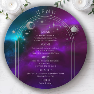 Cosmic Purple Teal Silver Sun Moon Stars Wedding Menu