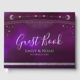 Cosmic Purple Teal Silver Sun Moon Wedding Guest Book