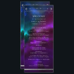 Cosmic Purple Teal Silver Sun Moon Wedding Programme<br><div class="desc">Cosmic Purple Teal Silver Sun Moon Astronomy Wedding Program features a sun, moon and stars with a silver frame on a colourful purple, teal and blue cosmic background with your order of ceremony on the front and wedding party and thank you on the reverse in modern white script typography. Personalise...</div>