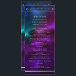Cosmic Purple Teal Silver Sun Moon Wedding Programme<br><div class="desc">Cosmic Purple Teal Silver Sun Moon Astronomy Wedding Program features a sun, moon and stars with a silver frame on a colourful purple, teal and blue cosmic background with your order of ceremony on the front and wedding party and thank you on the reverse in modern white script typography. Personalise...</div>