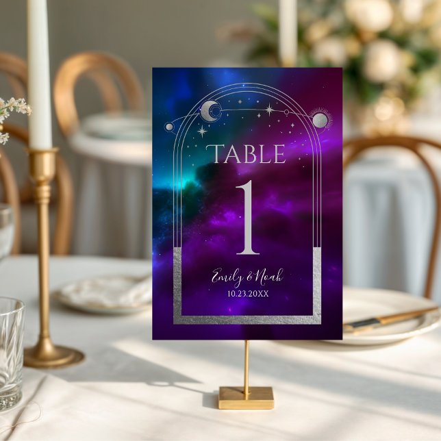 Cosmic Purple Teal Silver Sun Moon Wedding Table Number (Creator Uploaded)