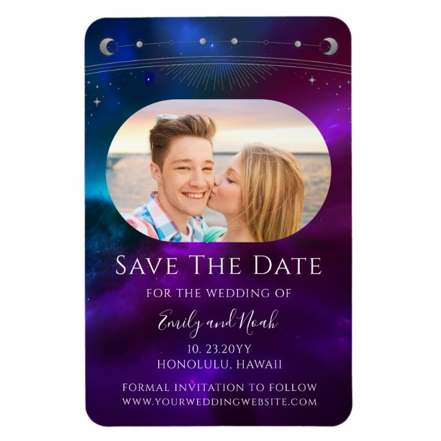 Cosmic Purple Teal Sun Moon Star Save The Date Magnet (Vertical)