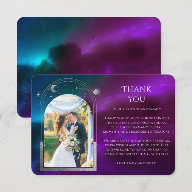 Cosmic Purple Teal Sun Moon Stars Photo Wedding Thank You Card (Front/Back)