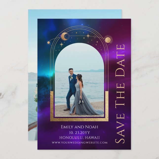 Cosmic Purple Teal Sun Moon Stars Space Save The Date (Front/Back)