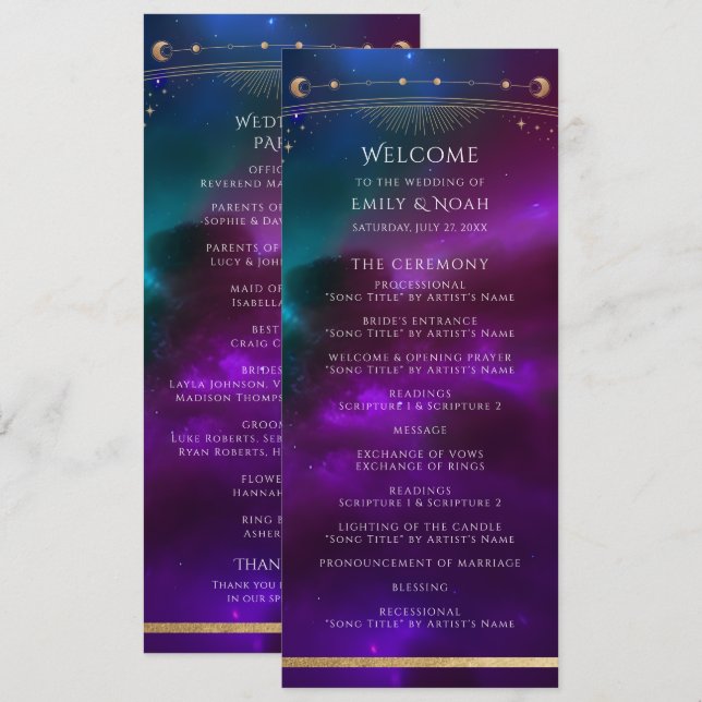 Cosmic Purple Teal Sun Moon Stars Wedding Programme (Front/Back)