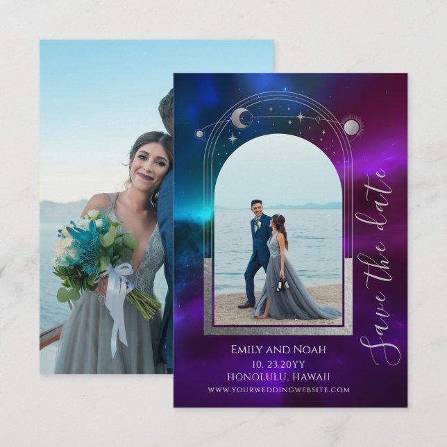Cosmic Purple Teal Sun Moon Stars Wedding Save The Date (Front/Back)