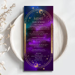 Cosmic Purple Teal Sun Moon Wedding Menu Cards<br><div class="desc">Cosmic Purple Teal Gold Sun Moon Stars Wedding Menu Cards features a gold sun, moon and stars on a celestial background with your menu details in the centre in modern gold calligraphy script. Personalise by editing the text in the text boxes provided. Designed for you by © Evco Studio www.zazzle.com/store/evcostudio...</div>