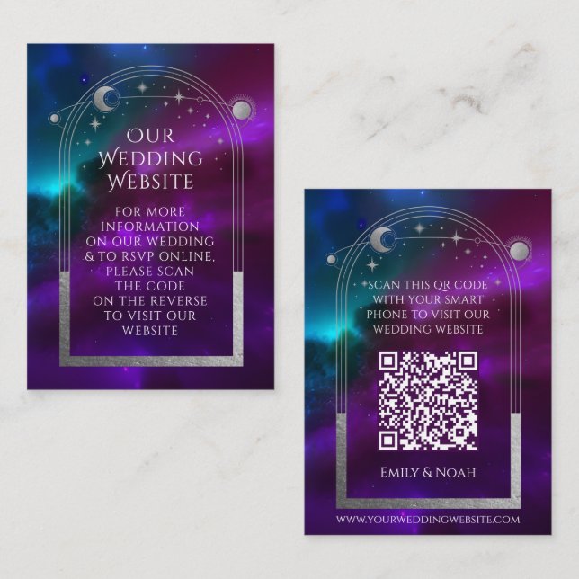 Cosmic Purple Teal Wedding Website RSVP QR Code Enclosure Card (Front/Back)
