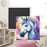 Cosmic Purple Unicorn Magnet<br><div class="desc">A pretty unicorn with a purple mane with a rainbow cosmic background. Digitally created in a watercolor style. Perfect design for kids and adults on many trendy products! Customise your background colour or text!</div>