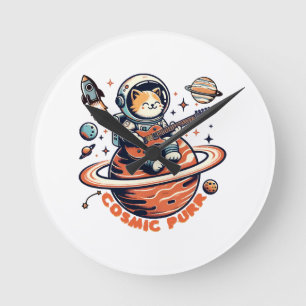 Cosmic Purr - Astro Guitarist Cat Round Clock