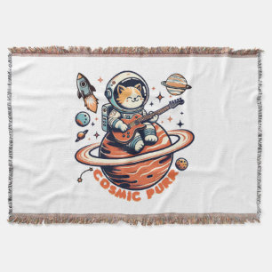 Cosmic Purr - Astro Guitarist Cat Throw Blanket