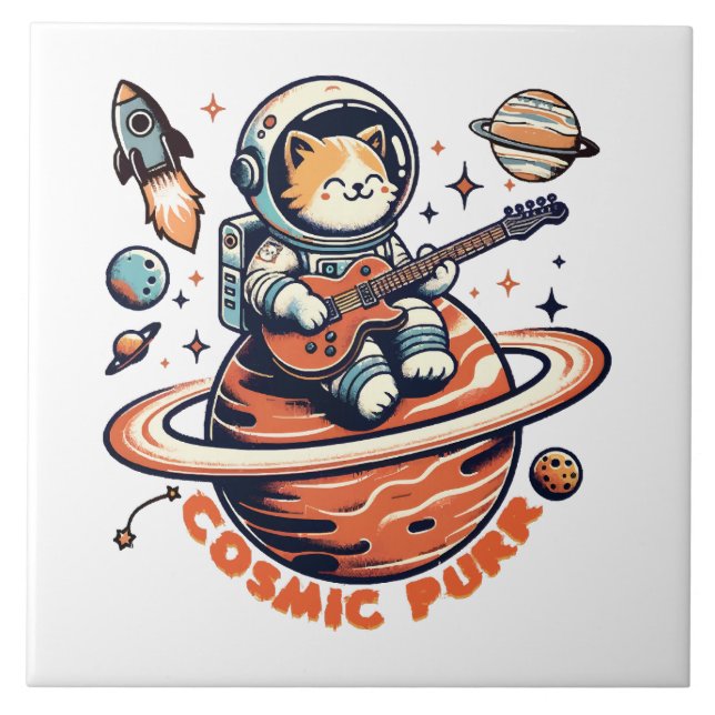 Cosmic Purr - Astro Guitarist Cat Tile (Front)