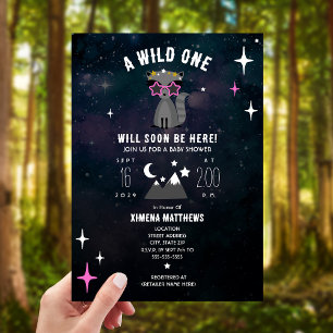 Cosmic Racoon Wild One Pink Girl Baby Shower Invitation