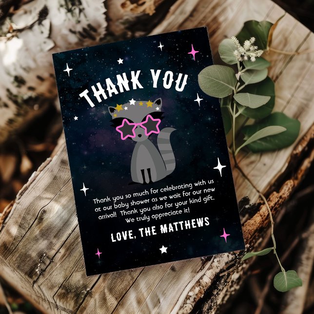 Cosmic Racoon Wild One Pink Girl Baby Shower  Thank You Card (Creator Uploaded)