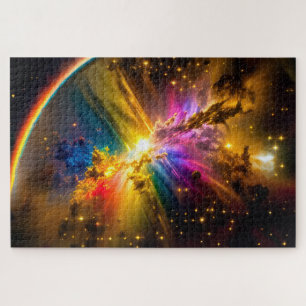 Cosmic Rainbow Over Colourful Nebulae in Universe Jigsaw Puzzle