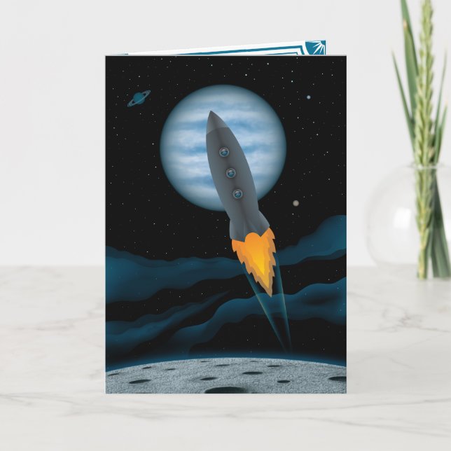 Cosmic Rocketship Scene Birthday Card (Front)