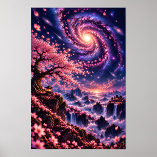 Cosmic Sakura: Falling Stars Celestial Night Art P Poster