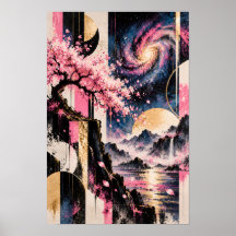 Cosmic Sakura Lunar Geometry Pink Gold Moon Art