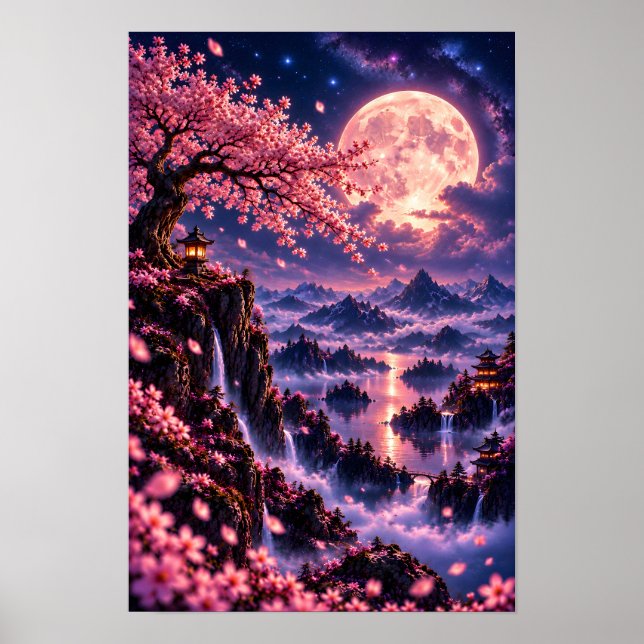 Cosmic Sakura: Violet Nebula Celestial Fantasy Art Poster (Front)