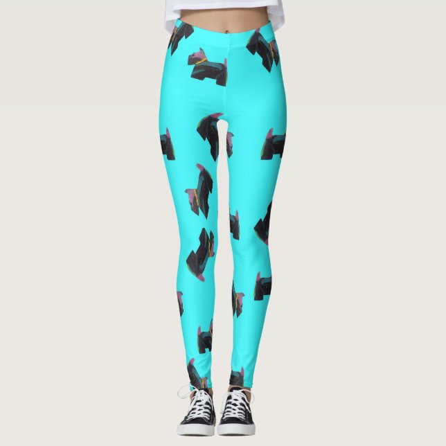 Cosmic Scottie Terrier turquois background Leggings (Front)