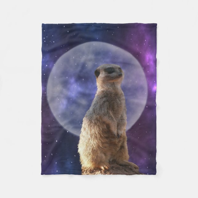 Cosmic Sentinel: Meerkat Under the Full Moon  Fleece Blanket (Front)